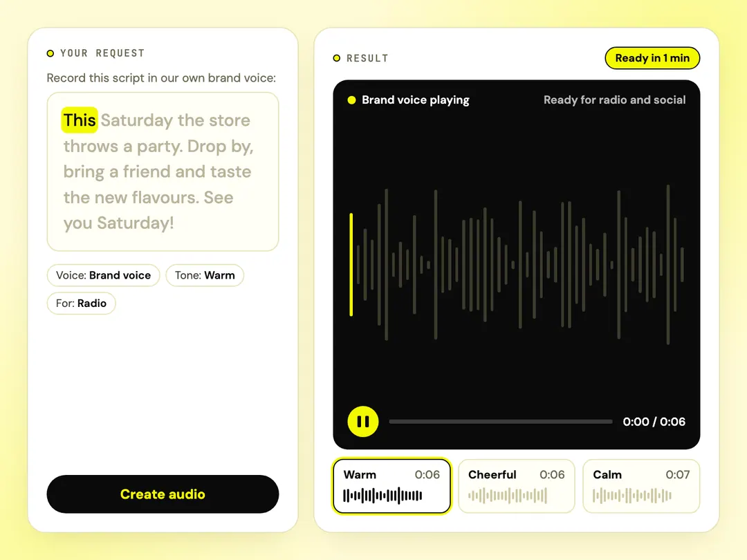 Animation: a script is read out in the brand voice, with a waveform and three voice versions to choose from.