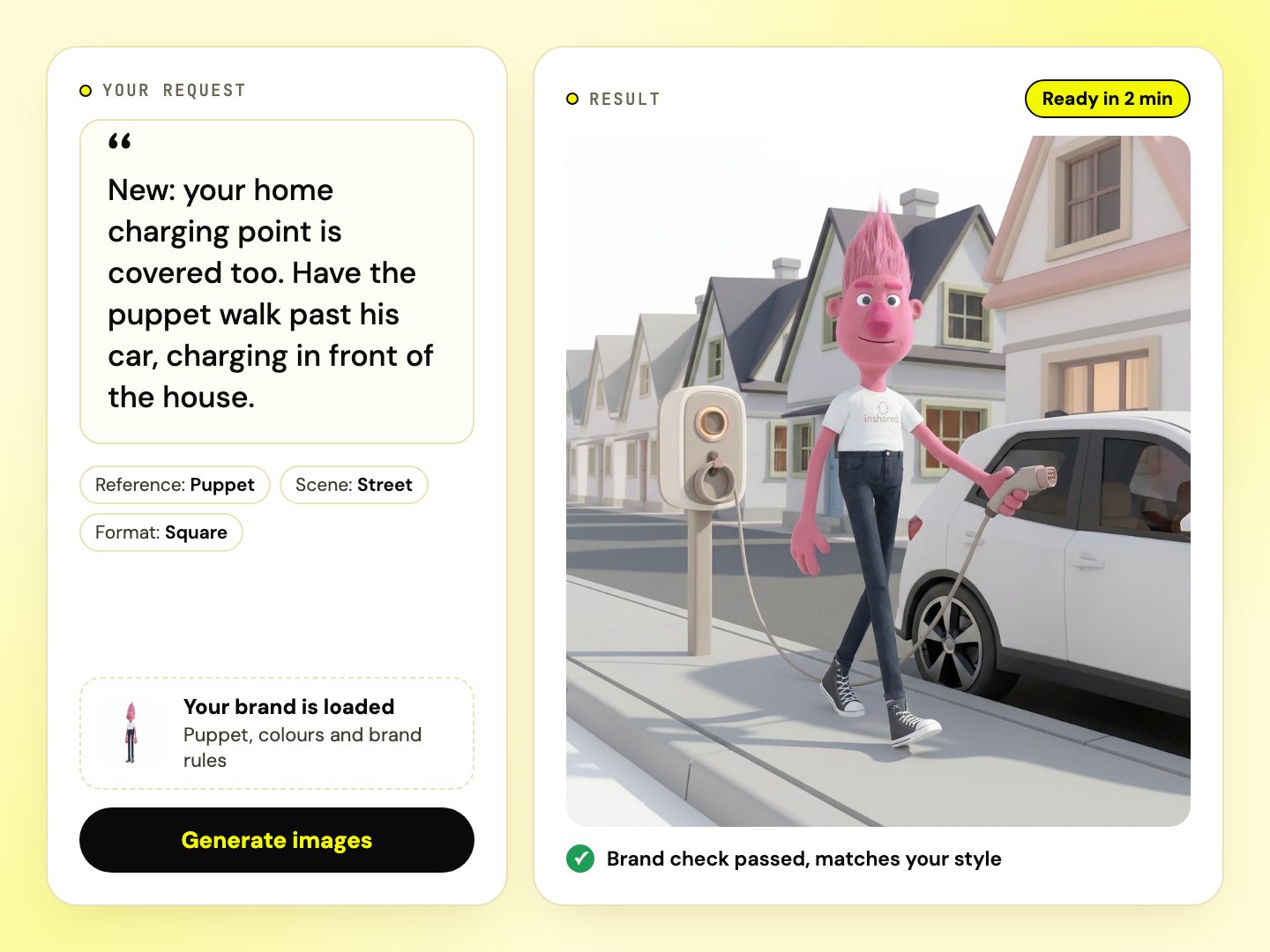 On the left the request to Content-Agent, on the right the result: the InShared puppet walking past his car at the charging point.