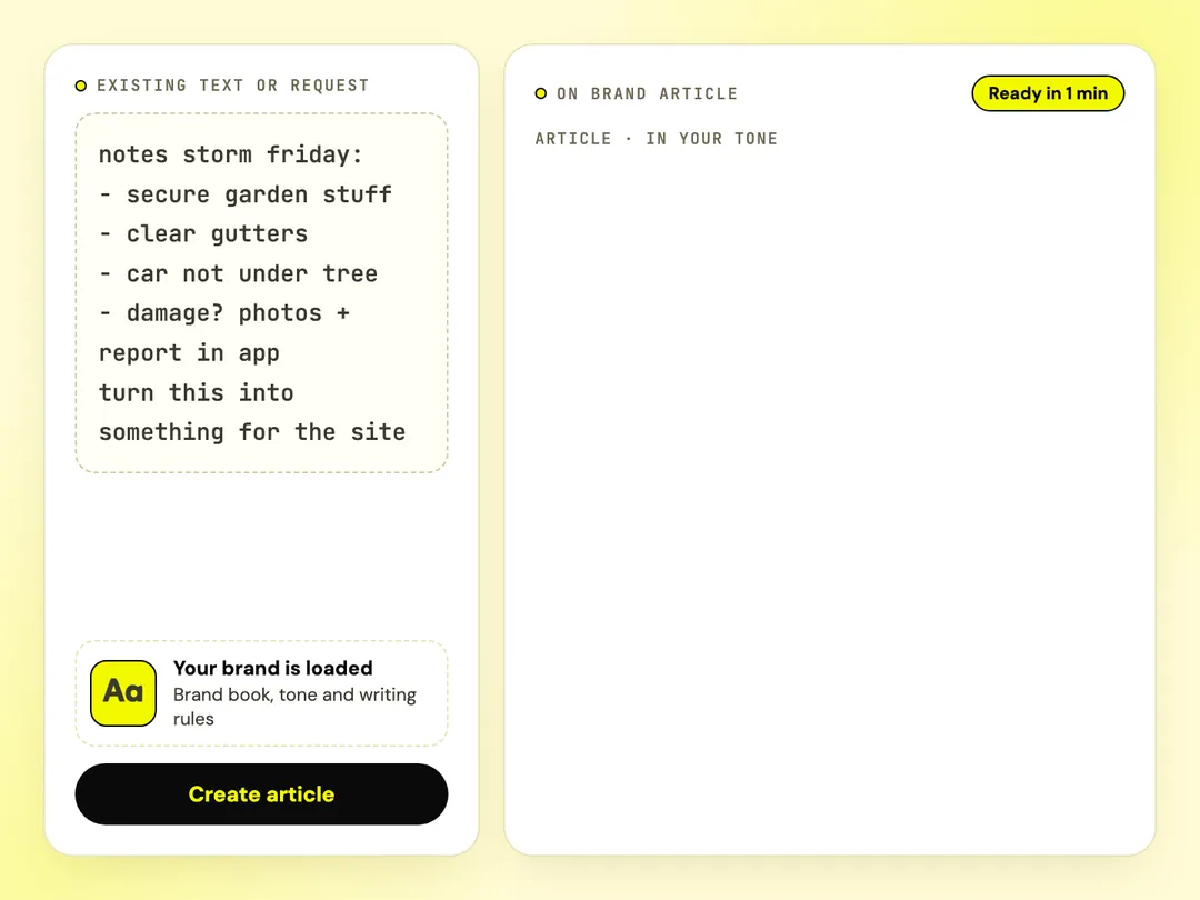 Animation: loose notes about a storm turn into an article in the brand's tone, with checks for brand, findability and ready to publish.
