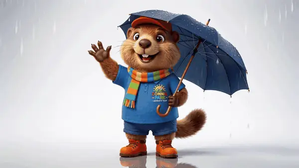 A holiday park's 3D mascot, a beaver with an umbrella, waving in the rain. Made with Content-Agent.