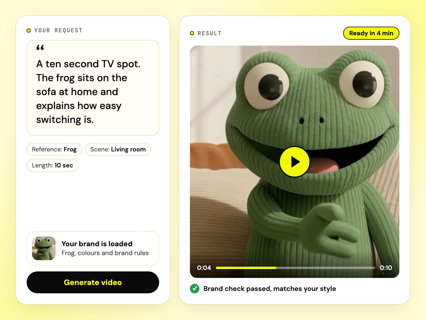 On the left the request for a ten second TV spot, on the right the video: the Overstappen.nl frog on the sofa.